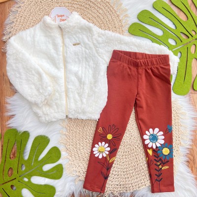  Conj. Jaqueta de Pelinho e Calça Legging Flores - Off White e Ferrugem